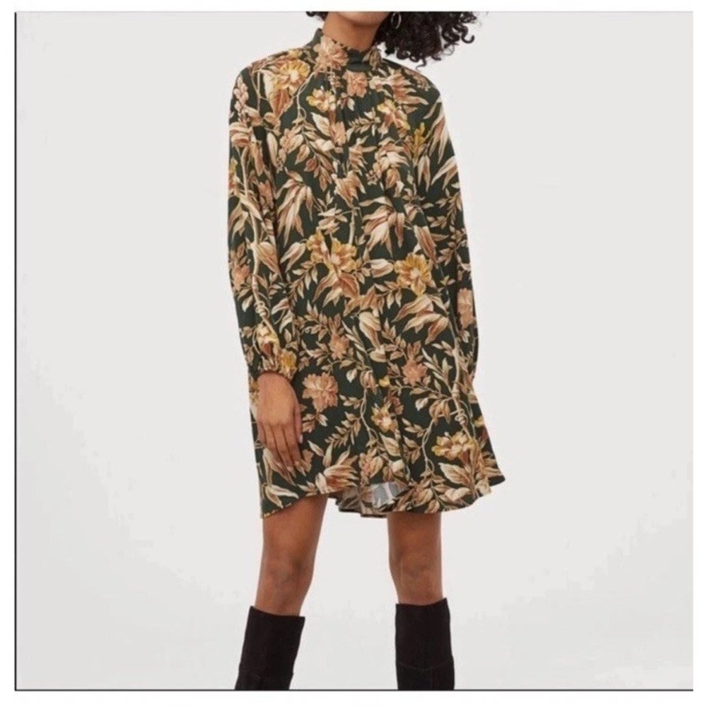 H&M Floral Mock Neck Mini Shift Dress Black Brown Botanical Viscose Womens 14
